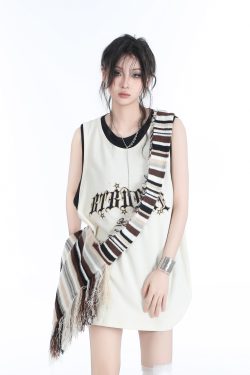 Summer Women's Loose Sports Sleeveless Top - Embroidered Fake Two-Piece Vest with 