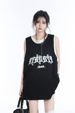 Summer Women's Loose Sports Sleeveless Top - Embroidered Fake Two-Piece Vest with 