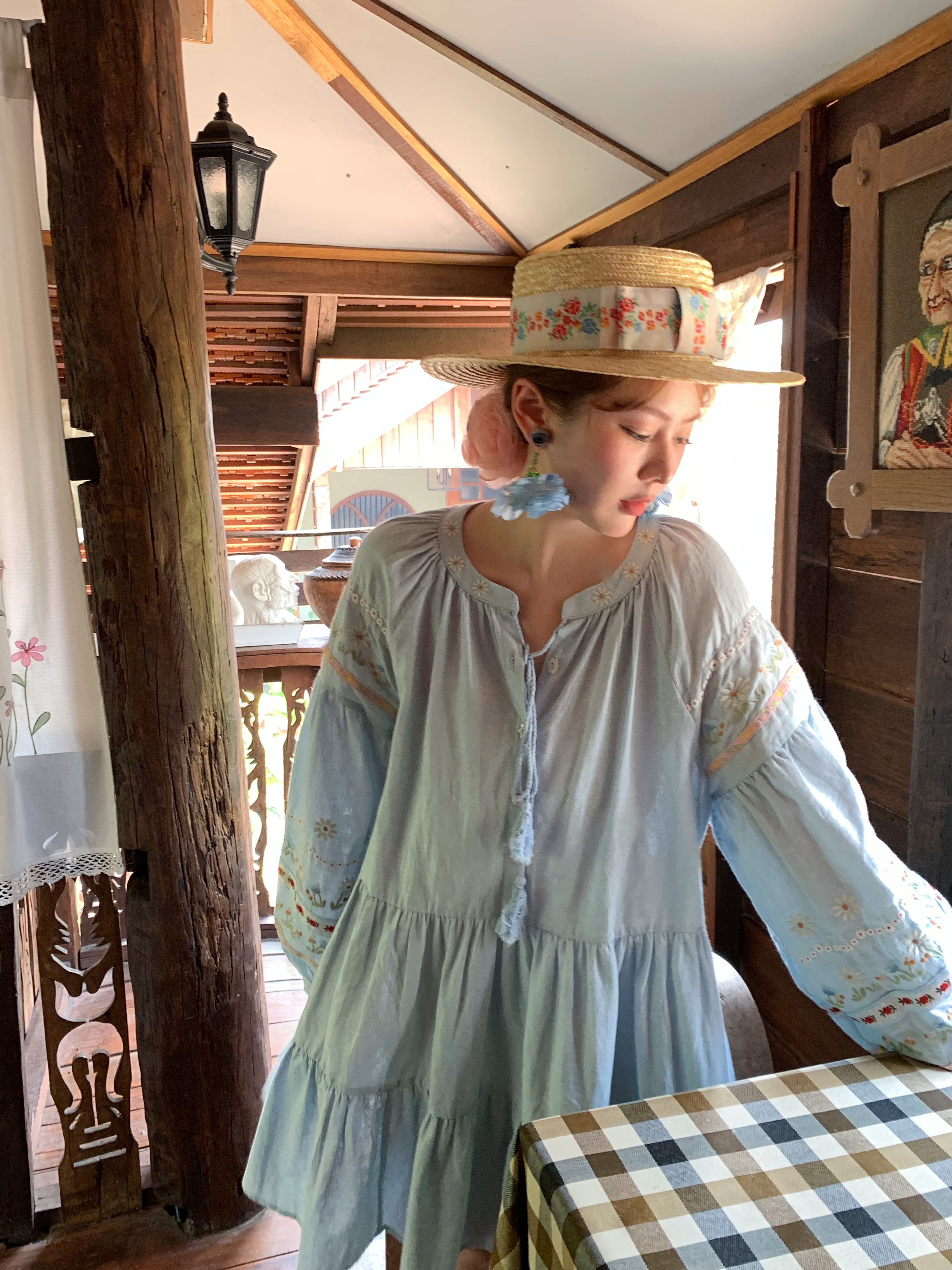 Sunny Brew Daisy Retro Linen Cotton Embroidered Long Sleeve Dress for Women - Spring Loose A-Line Maxi Dress, Vintage Style