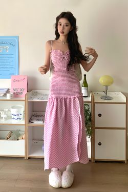 Sweet Pink Checkered Strapless Fitted Dress - High-End Feel, Niche Design, Hot Girl Style, Trendy 90s Inspired Fashion