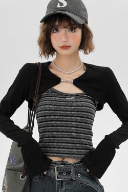 Sweet & Spicy Textured Striped Long-Sleeve Two-Piece Women's Tank Top - American Style Spring Fashion