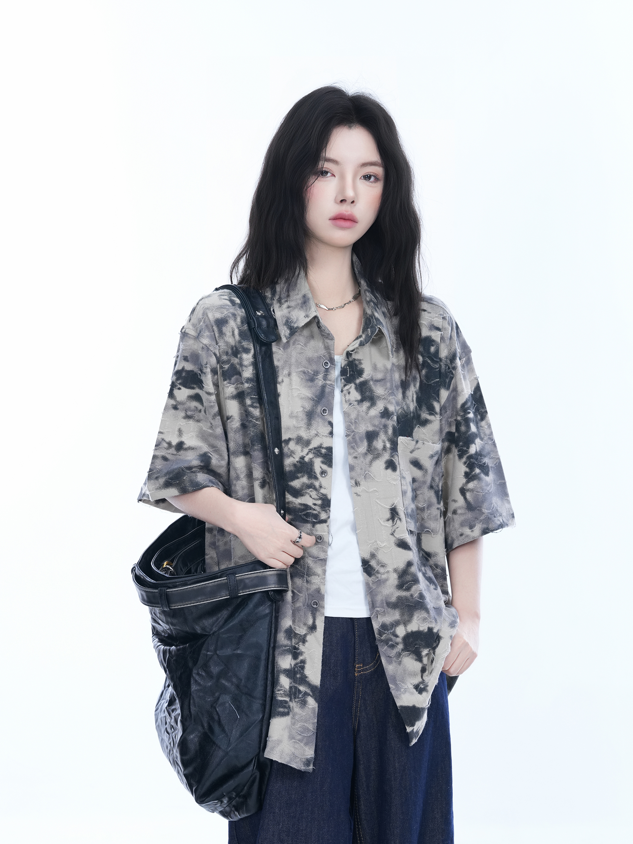 Tie-Dye Textured Short Sleeve Shirt for Women, Summer Loose Lightweight Blouse, Casual 90s Y2K Style Top