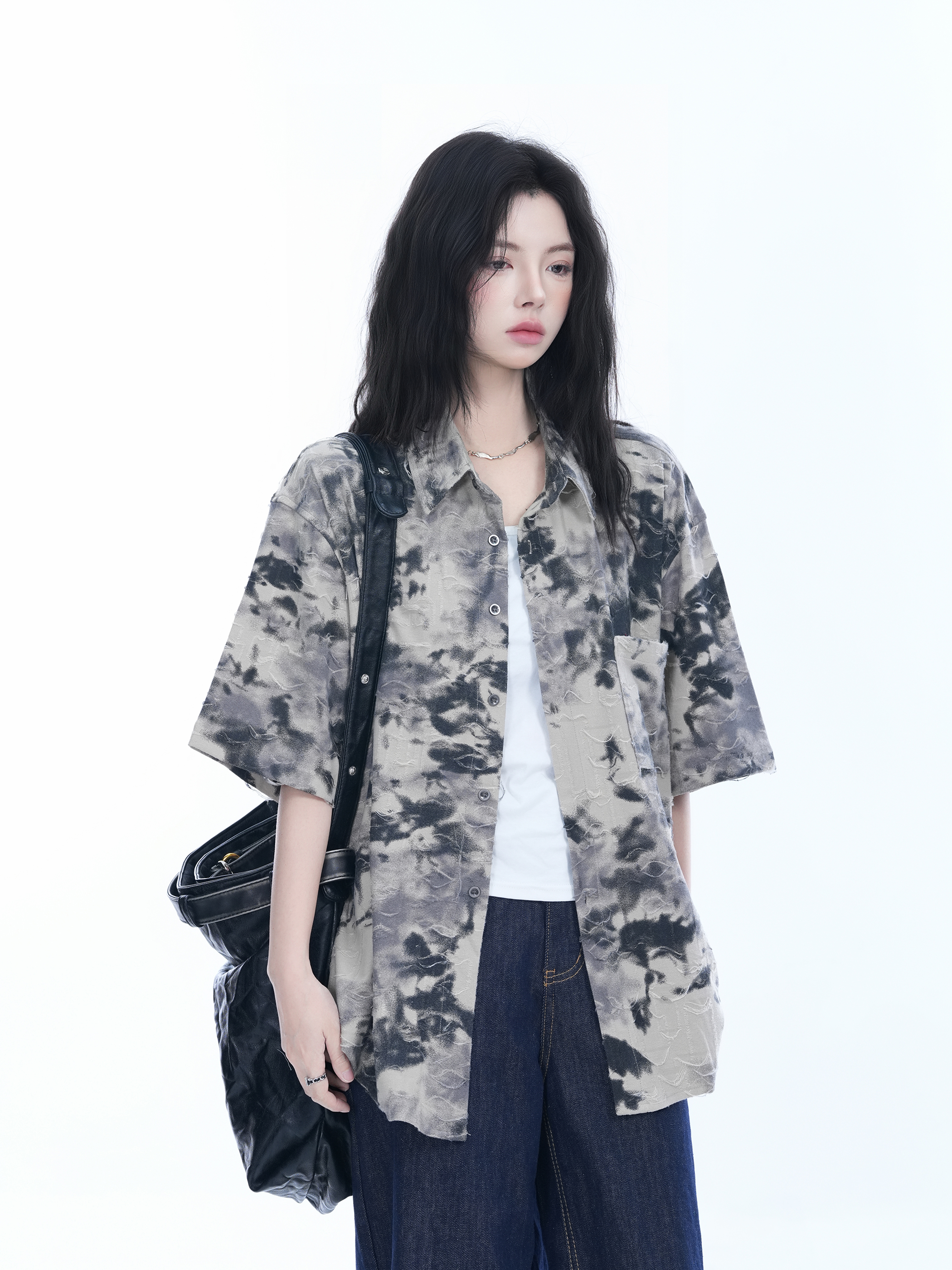 Tie-Dye Textured Short Sleeve Shirt for Women, Summer Loose Lightweight Blouse, Casual 90s Y2K Style Top