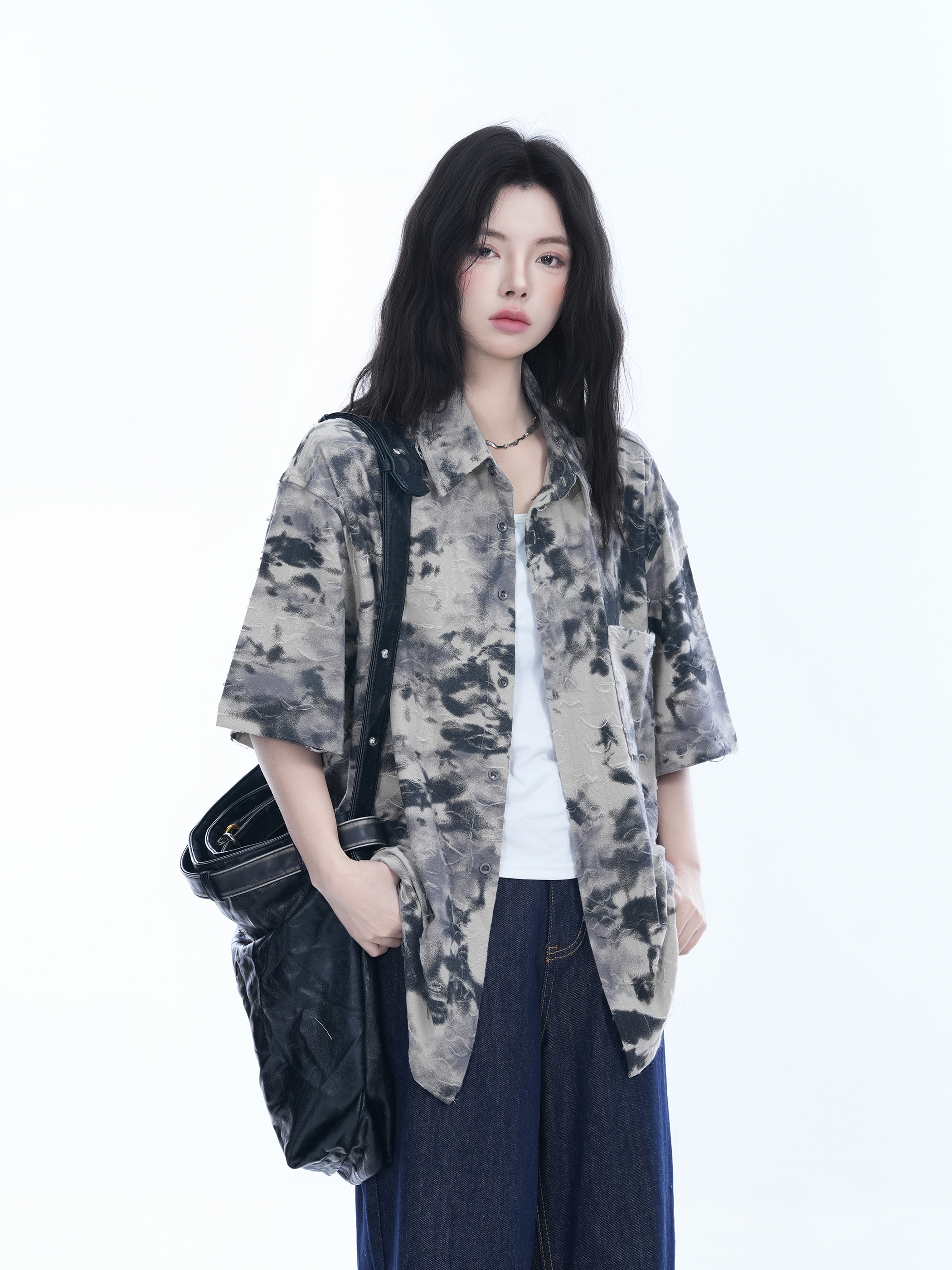 Tie-Dye Textured Short Sleeve Shirt for Women, Summer Loose Lightweight Blouse, Casual 90s Y2K Style Top