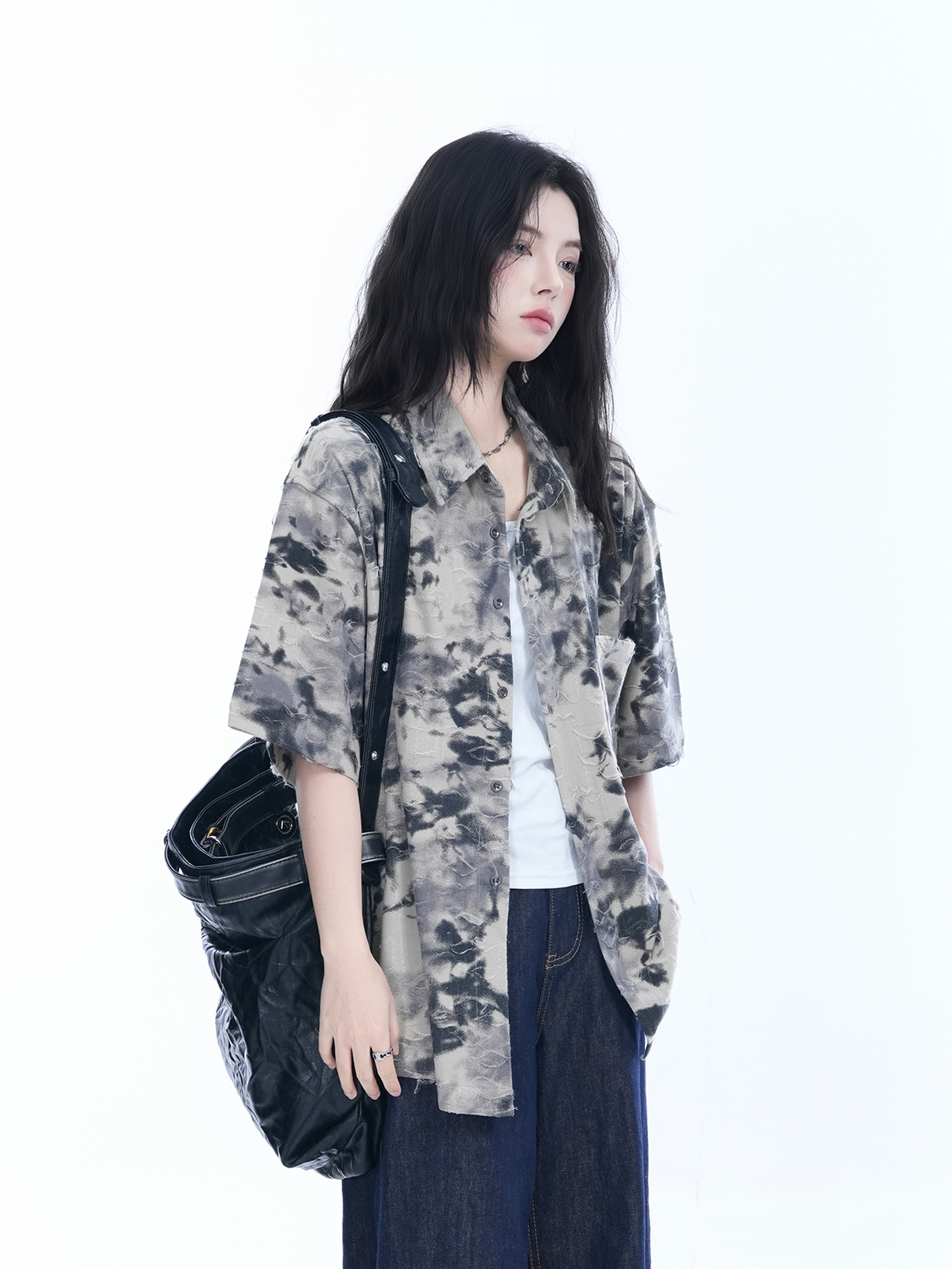 Tie-Dye Textured Short Sleeve Shirt for Women, Summer Loose Lightweight Blouse, Casual 90s Y2K Style Top