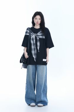 Trendy Black Short Sleeve T-shirt for Women with Butterfly Knot Spliced Design - American Style Loose Fit Top