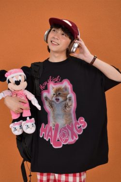 Trendy Cute Cat Print Oversized Short Sleeve T-Shirt for Summer Casual Wear - Perfect for Couples and Y2K Style