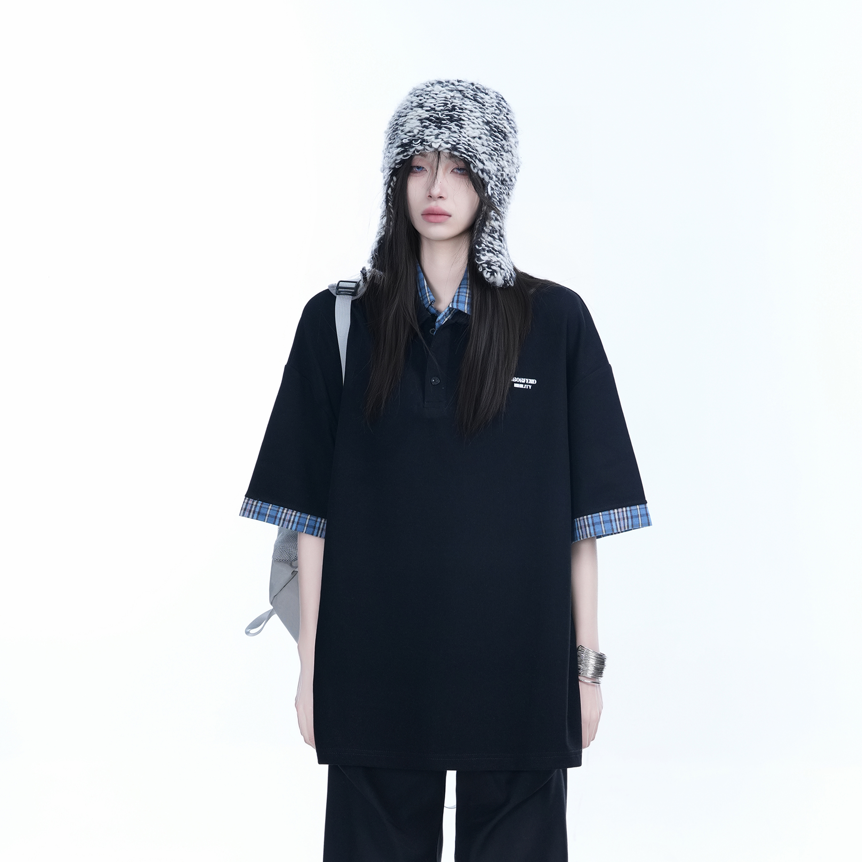 Trendy Fake Two-Piece Plaid Spliced Lapel Short Sleeve T-Shirt for Women - Loose Fit, Niche Design, Y2K Style