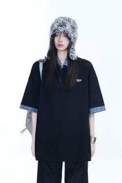 Trendy Fake Two-Piece Plaid Spliced Lapel Short Sleeve T-Shirt for Women - Loose Fit, Niche Design, Y2K Style