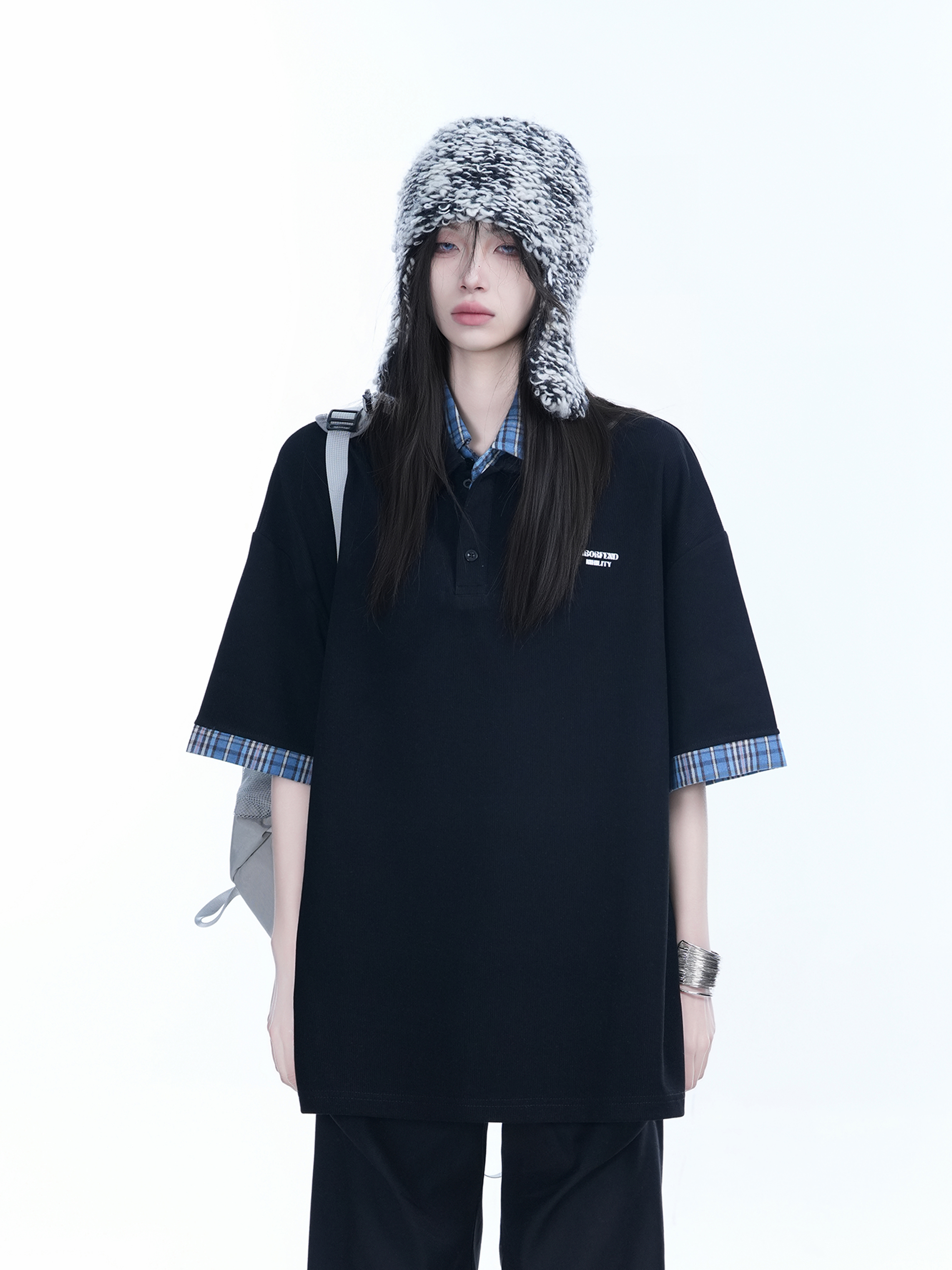 Trendy Fake Two-Piece Plaid Spliced Lapel Short Sleeve T-Shirt for Women - Loose Fit, Niche Design, Y2K Style