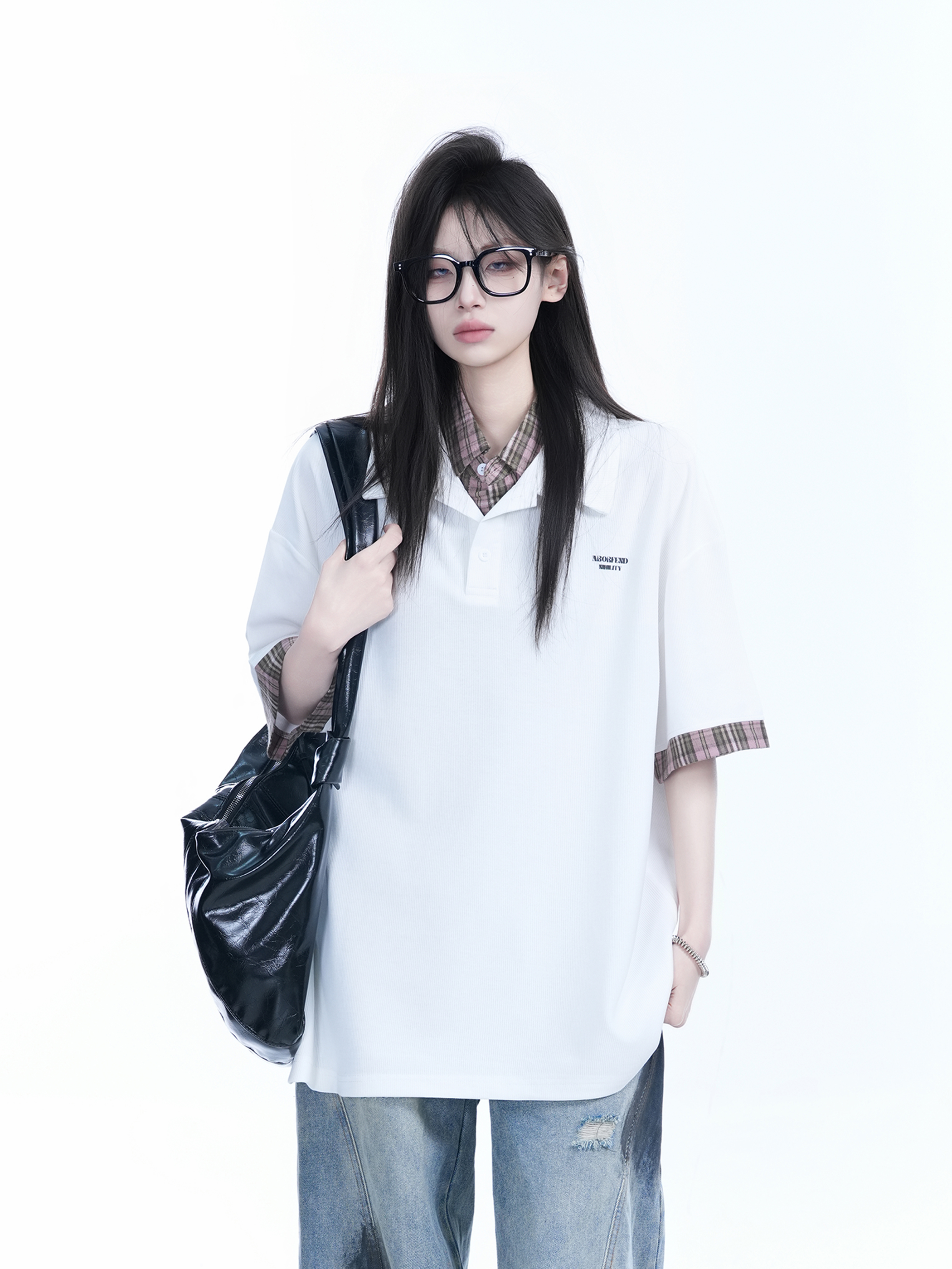 Trendy Fake Two-Piece Plaid Spliced Lapel Short Sleeve T-Shirt for Women - Loose Fit, Niche Design, Y2K Style