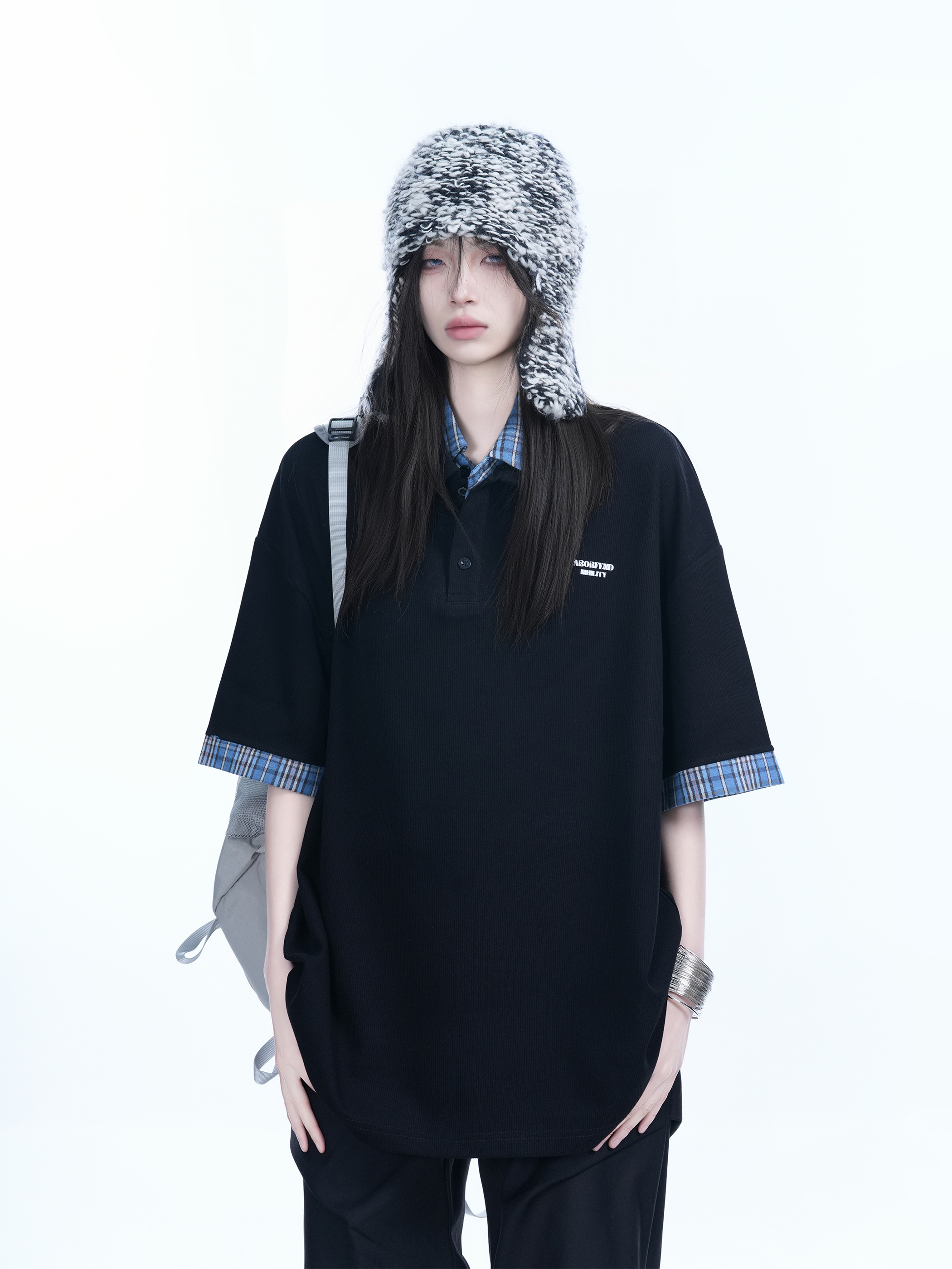 Trendy Fake Two-Piece Plaid Spliced Lapel Short Sleeve T-Shirt for Women - Loose Fit, Niche Design, Y2K Style
