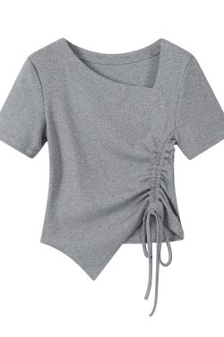 Trendy Irregular Fitted Short Sleeve T-Shirt for Women with Drawstring - Summer Sweet and Spicy Top, Y2K Style