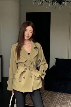 Trendy Short-Waisted Windbreaker Coat for Women with Collar, Long Sleeves, and Waist Tie - Casual Cardigan Style