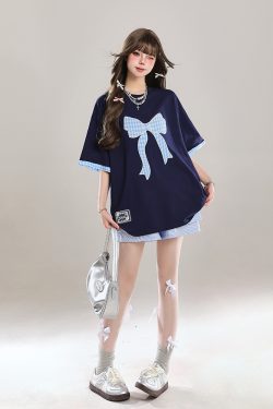 Trendy Summer 2025 Women's Short Sleeve T-Shirt with Butterfly Knot Embroidery, Loose Casual Fit, Cool Style