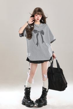 Trendy Summer 2025 Women's Short Sleeve T-Shirt with Butterfly Knot Embroidery, Loose Casual Fit, Cool Style