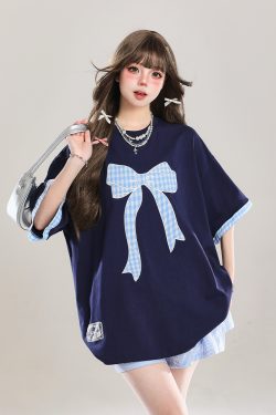 Trendy Summer 2025 Women's Short Sleeve T-Shirt with Butterfly Knot Embroidery, Loose Casual Fit, Cool Style