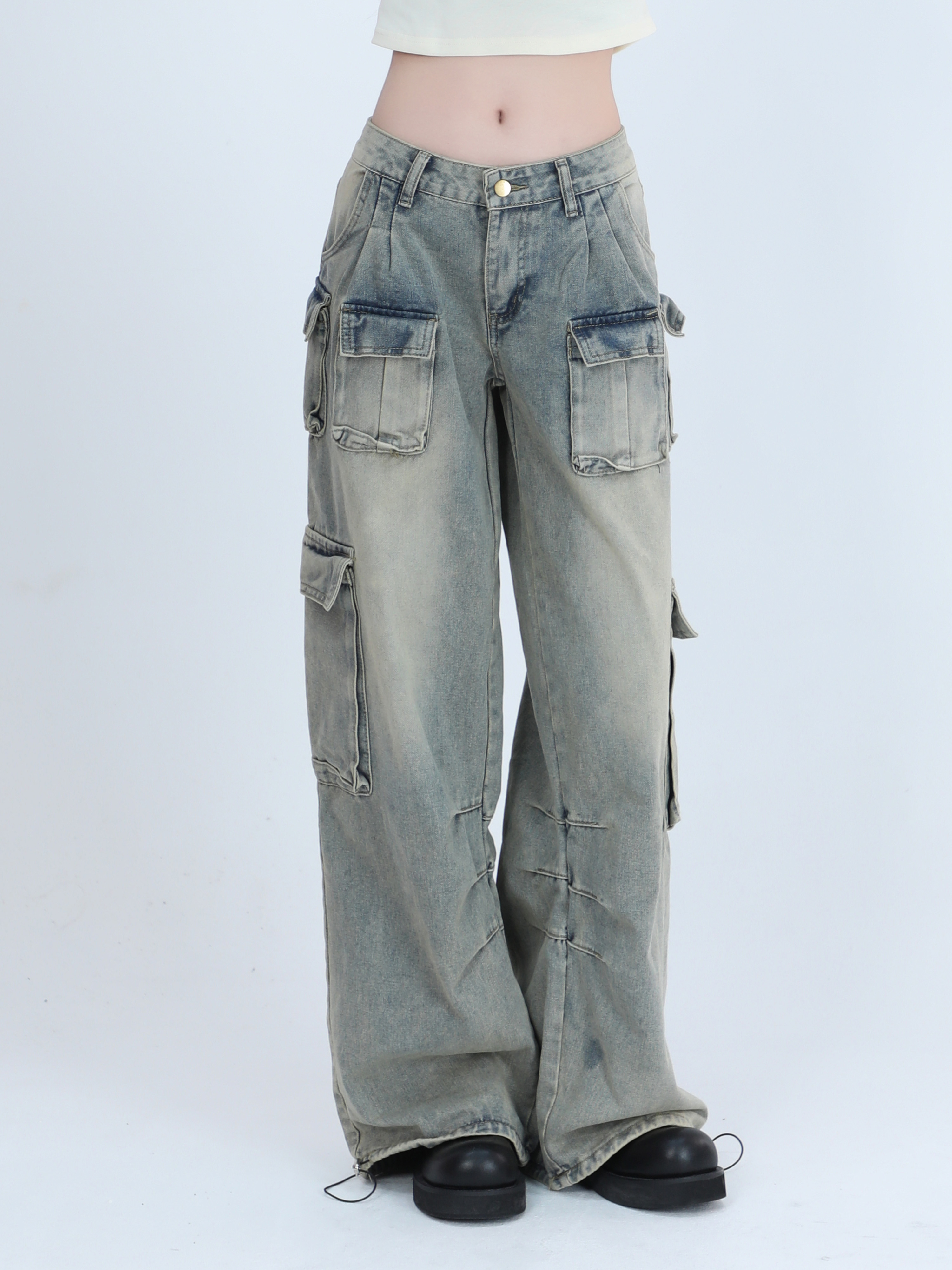 Trendy Women's High Street Cargo Pants, Unique Loose Wide-Leg Design, American Style, Casual Streetwear Fashion
