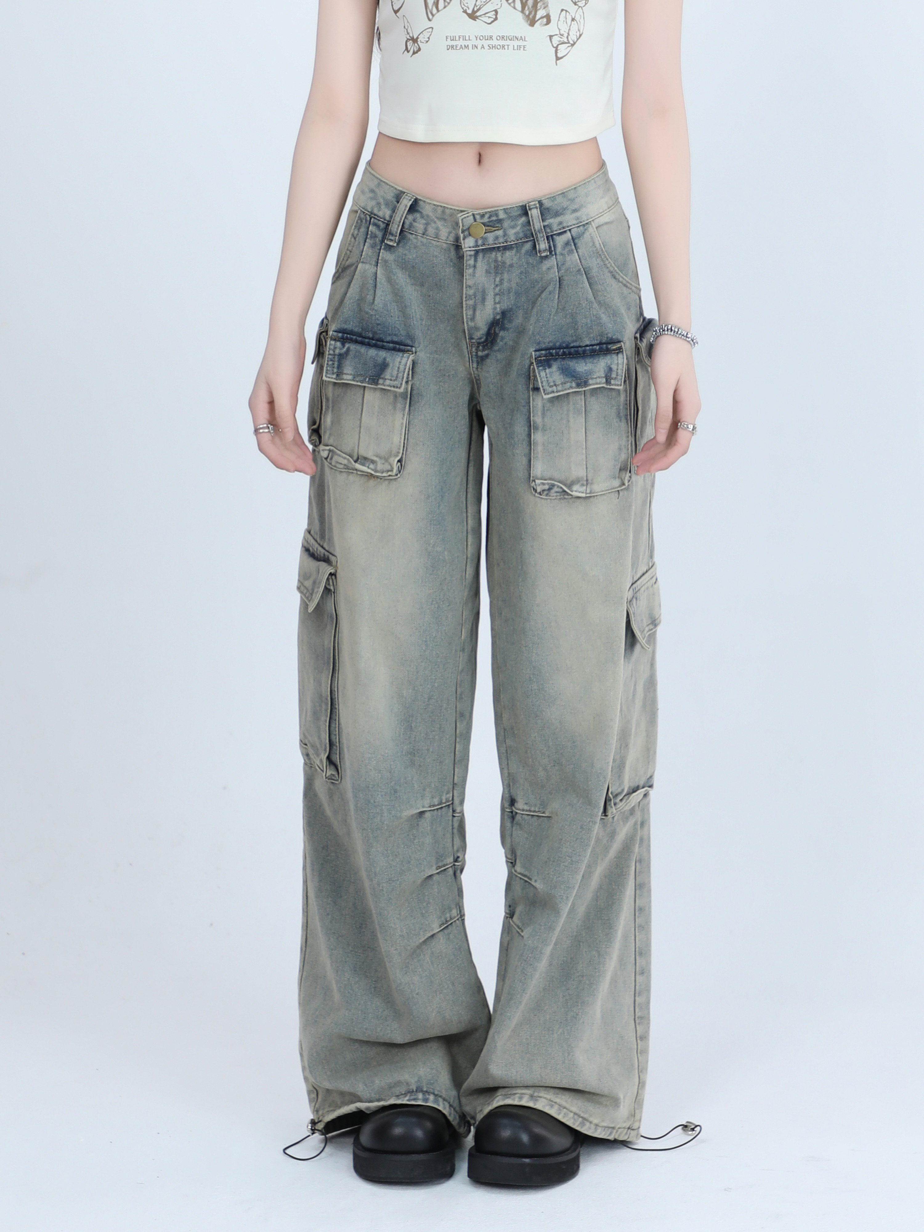 Trendy Women's High Street Cargo Pants, Unique Loose Wide-Leg Design, American Style, Casual Streetwear Fashion
