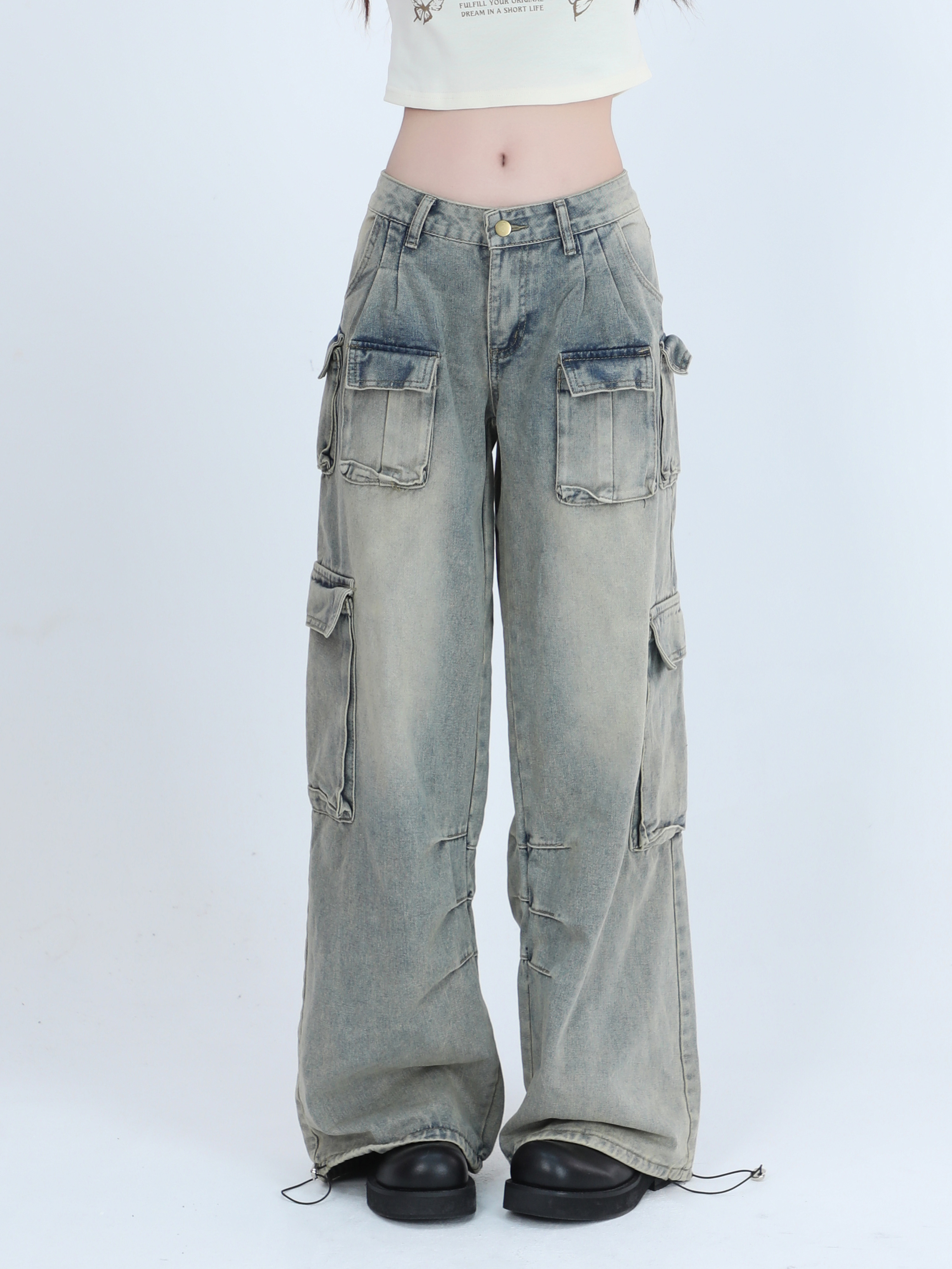 Trendy Women's High Street Cargo Pants, Unique Loose Wide-Leg Design, American Style, Casual Streetwear Fashion