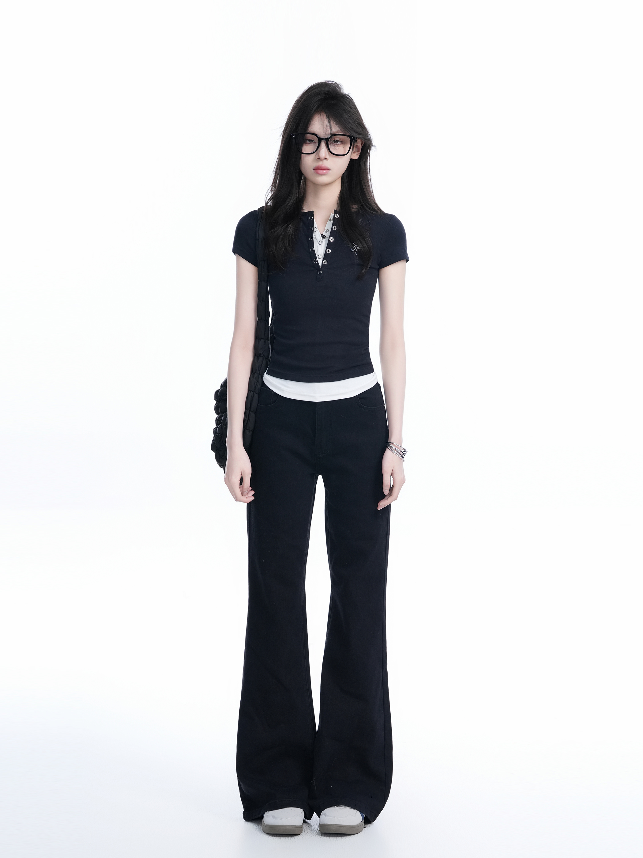 Unique Button Half-Open Collar Faux Two-Piece Short Sleeve T-Shirt for Women - Slim Fit, Casual Style, Trendy Short Length