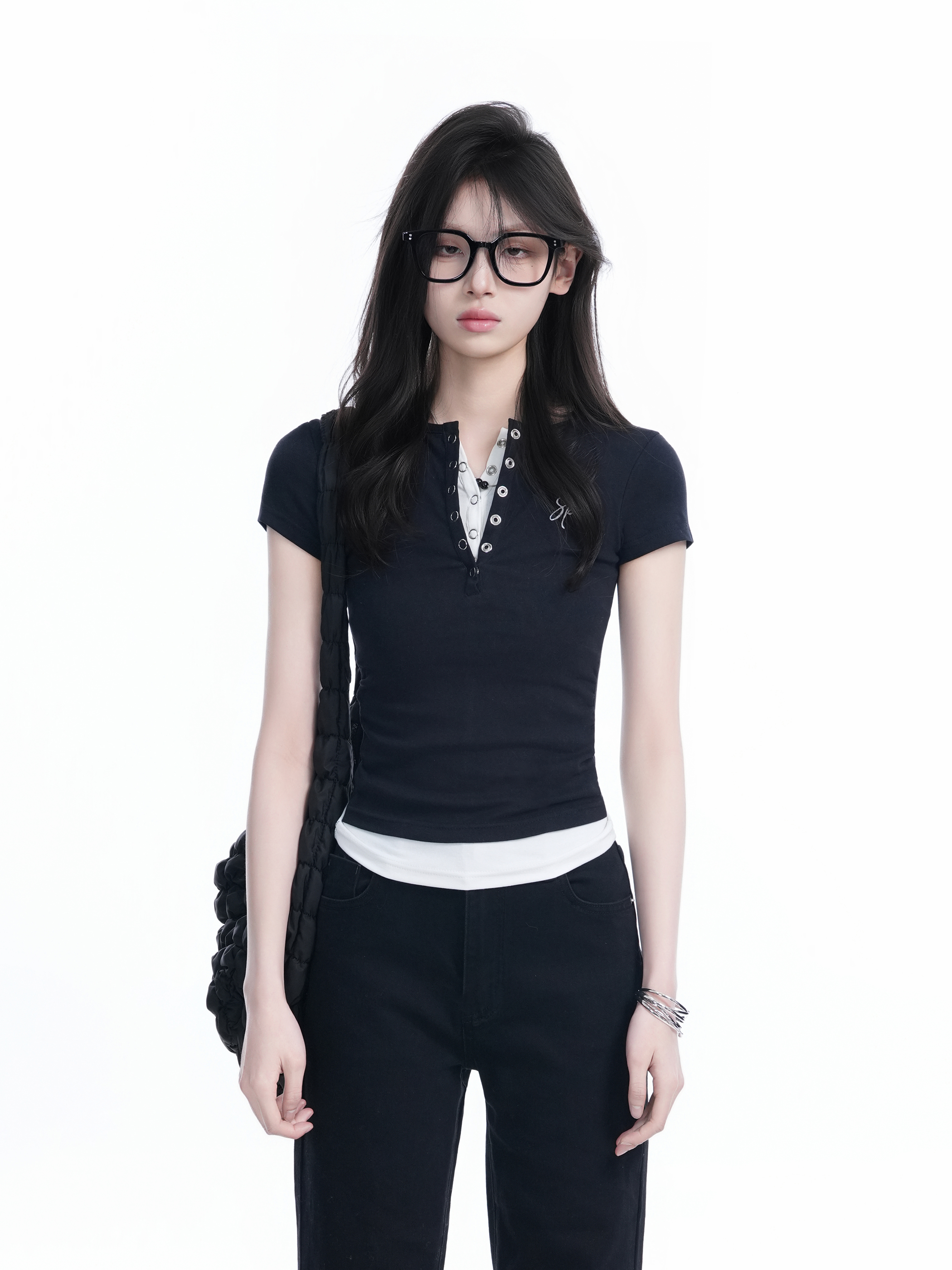 Unique Button Half-Open Collar Faux Two-Piece Short Sleeve T-Shirt for Women - Slim Fit, Casual Style, Trendy Short Length