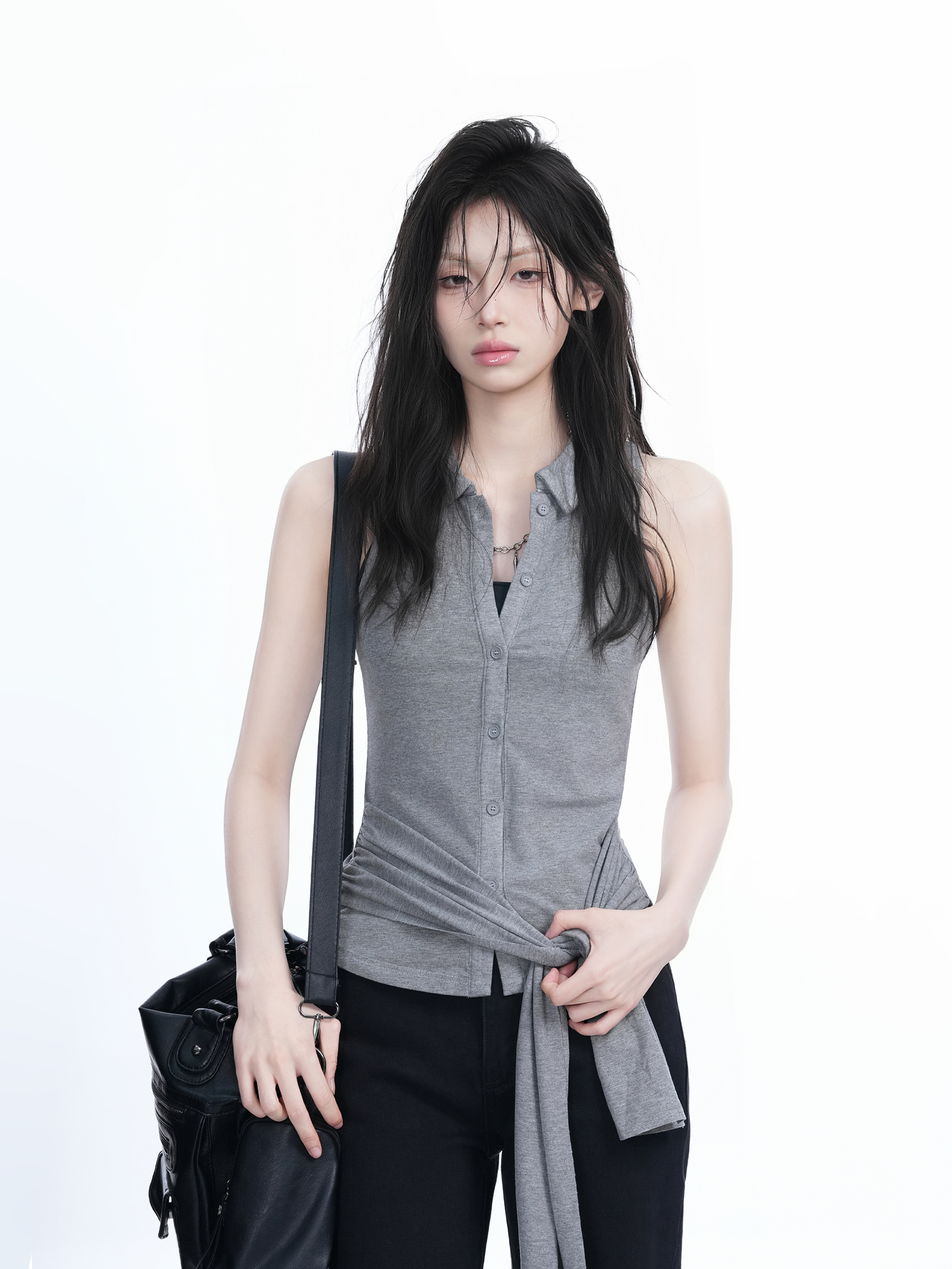 Unique Sleeveless T-Shirt for Women with Cinched Waist and Button Cardigan Design - Trendy Casual Style
