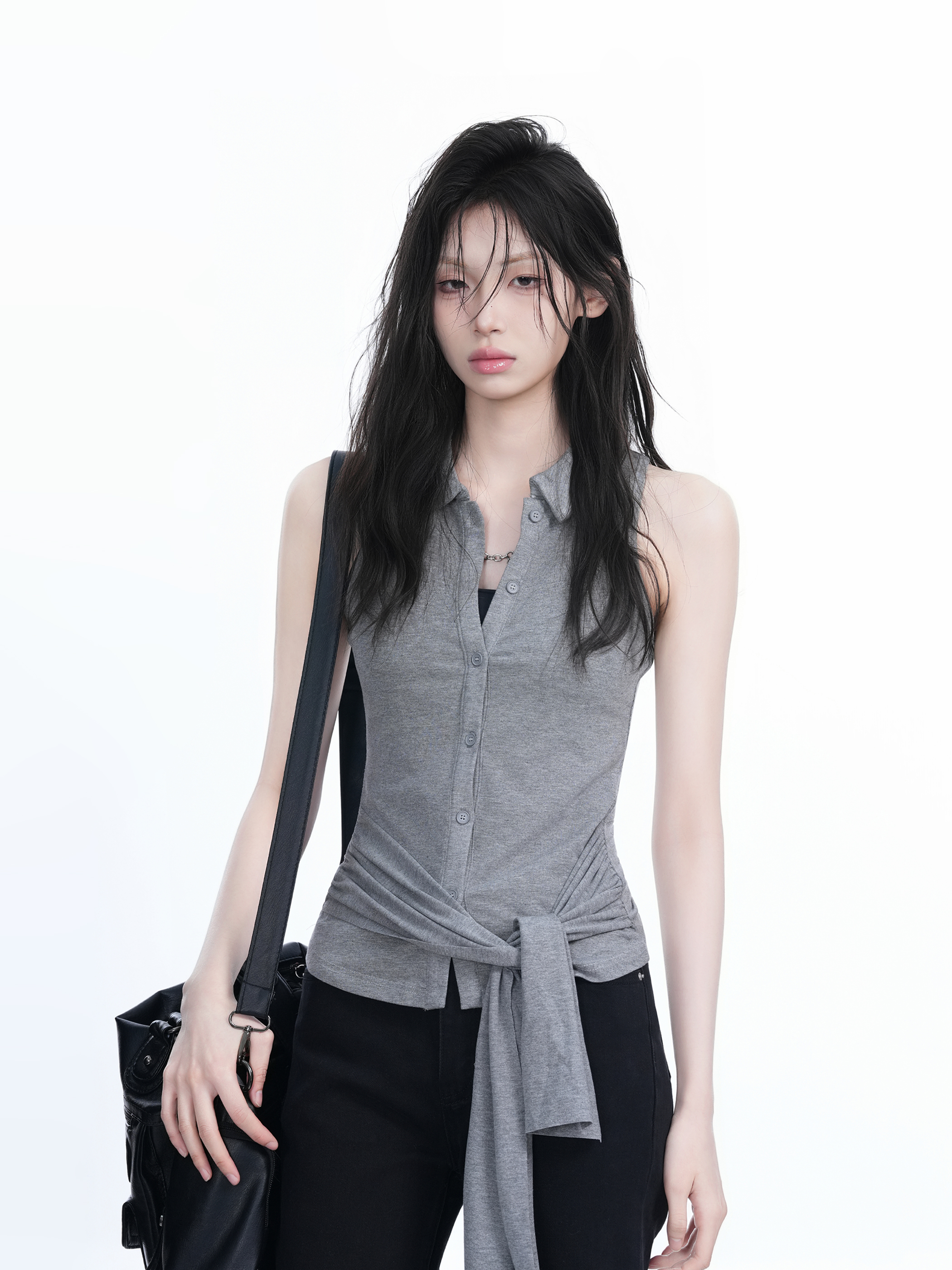 Unique Sleeveless T-Shirt for Women with Cinched Waist and Button Cardigan Design - Trendy Casual Style