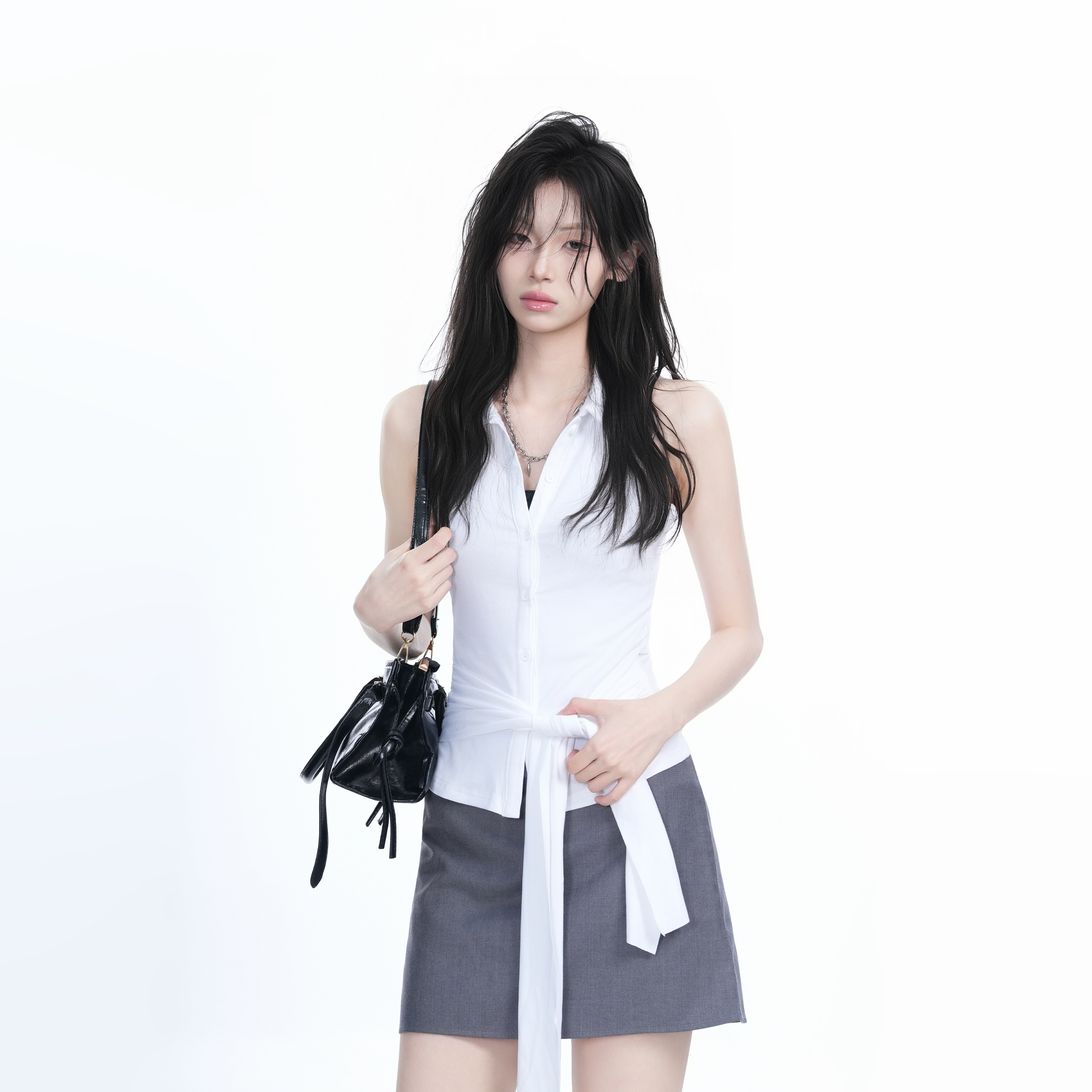 Unique Sleeveless T-Shirt for Women with Cinched Waist and Button Cardigan Design - Trendy Casual Style