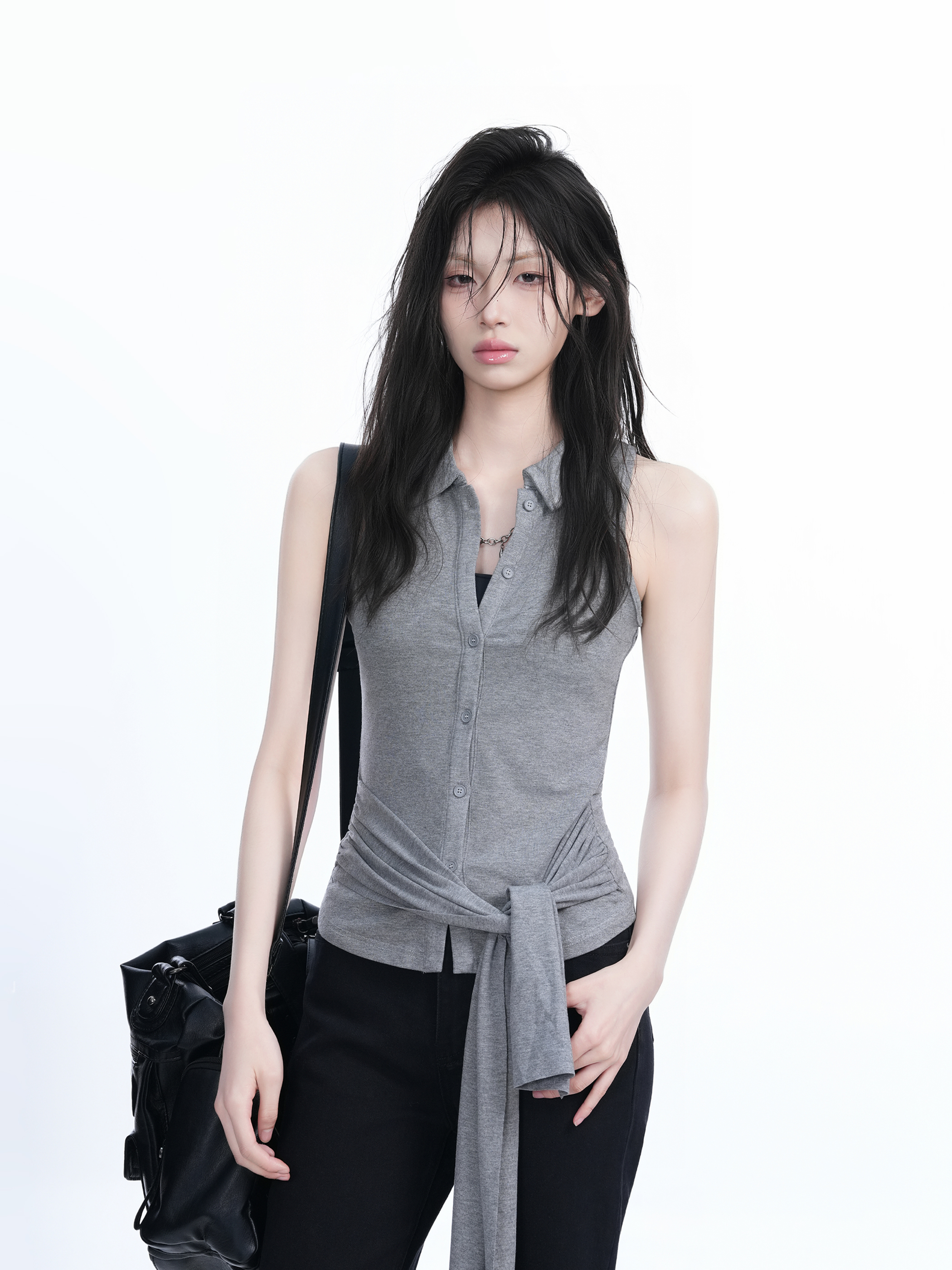 Unique Sleeveless T-Shirt for Women with Cinched Waist and Button Cardigan Design - Trendy Casual Style