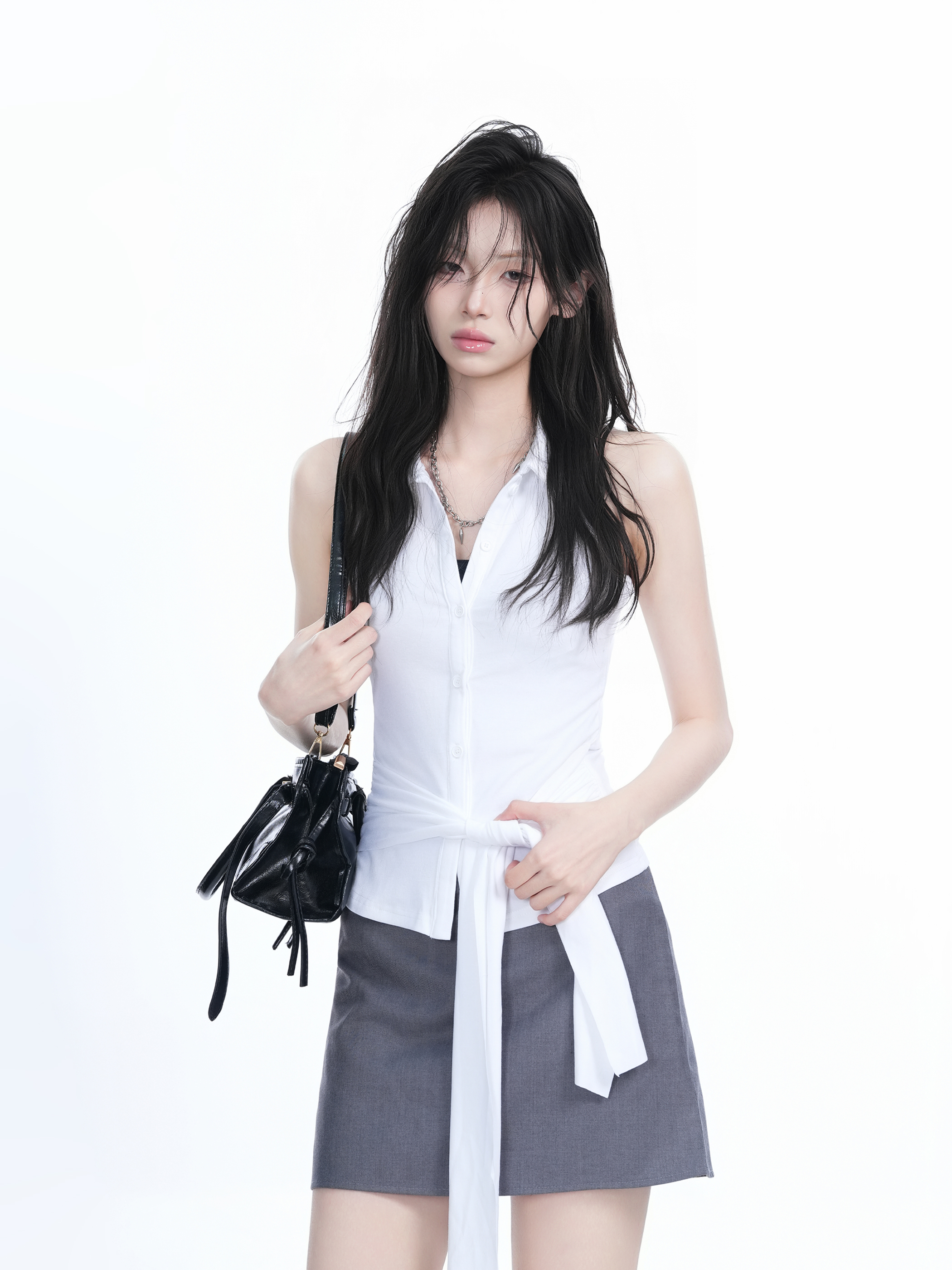 Unique Sleeveless T-Shirt for Women with Cinched Waist and Button Cardigan Design - Trendy Casual Style