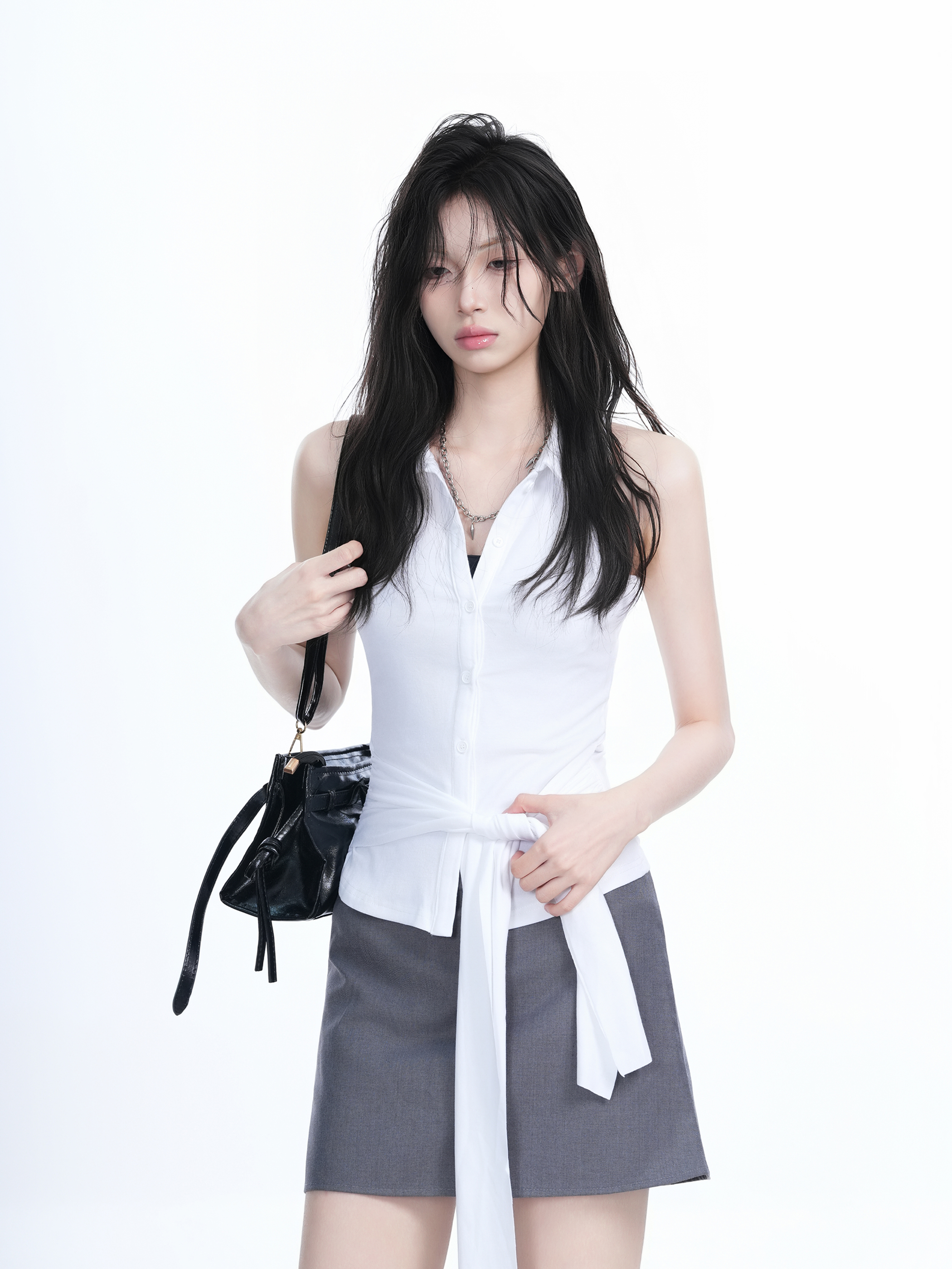 Unique Sleeveless T-Shirt for Women with Cinched Waist and Button Cardigan Design - Trendy Casual Style