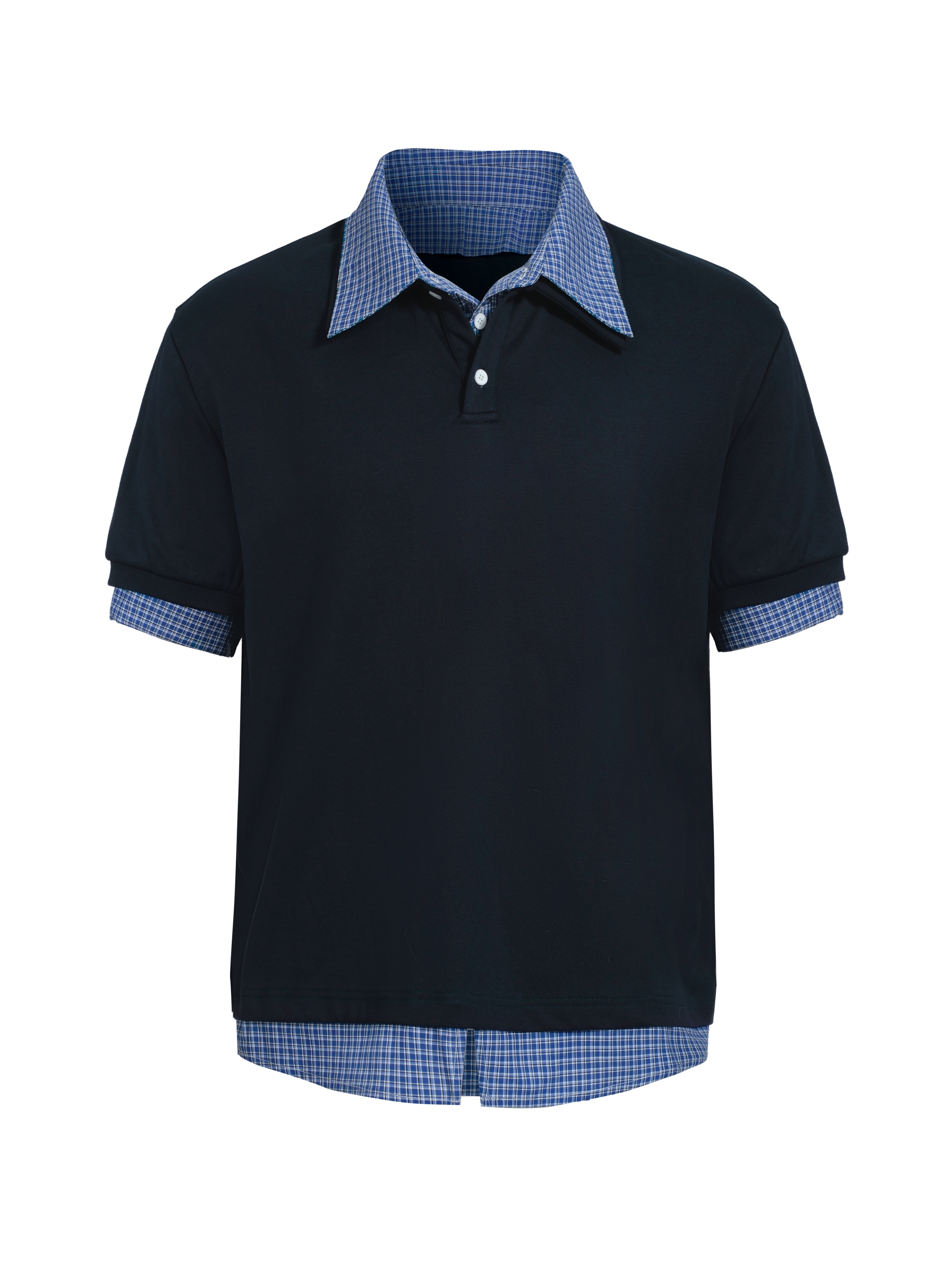 Unisex American-Style Plaid Polo Shirt - Spliced Faux Two-Piece, Loose Casual Short Sleeve for Summer Trend