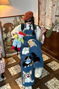 Unisex Loose Fit Denim Overalls with Fun Dog Print - Japanese Style Cute Jumpsuit for Men and Women - Vintage 90s Trend