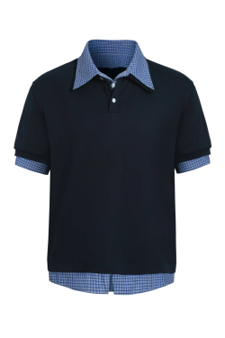 Unisex Spliced Plaid Polo Short Sleeve Shirt - American Style Loose T-Shirt Top for Summer, High-End Fashion