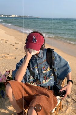 Unisex Vintage Denim Shirt with Embroidered Coconut Tree - Hawaiian Beach Style, Short Sleeve, Handmade Reworked Fashion