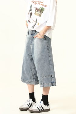 Unisex Vintage Wide-Leg Inverted Denim Shorts - Retro American Style Washed Loose Cropped Pants