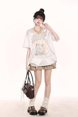 V-Neck Cartoon Print Short Sleeve T-Shirt for Women - Summer Loose Fit American Style, Trendy Niche Design