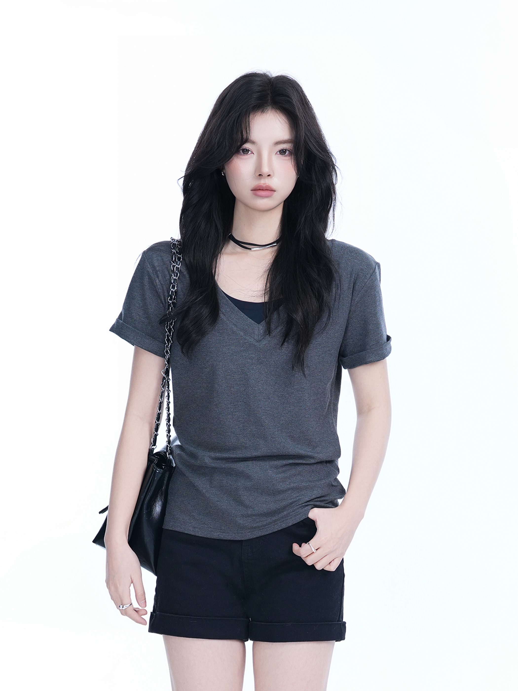 V-Neck Short Sleeve T-Shirt for Women - Solid Color Gray Minimalist Casual Top, Trendy Lazy Style Fashion Essential
