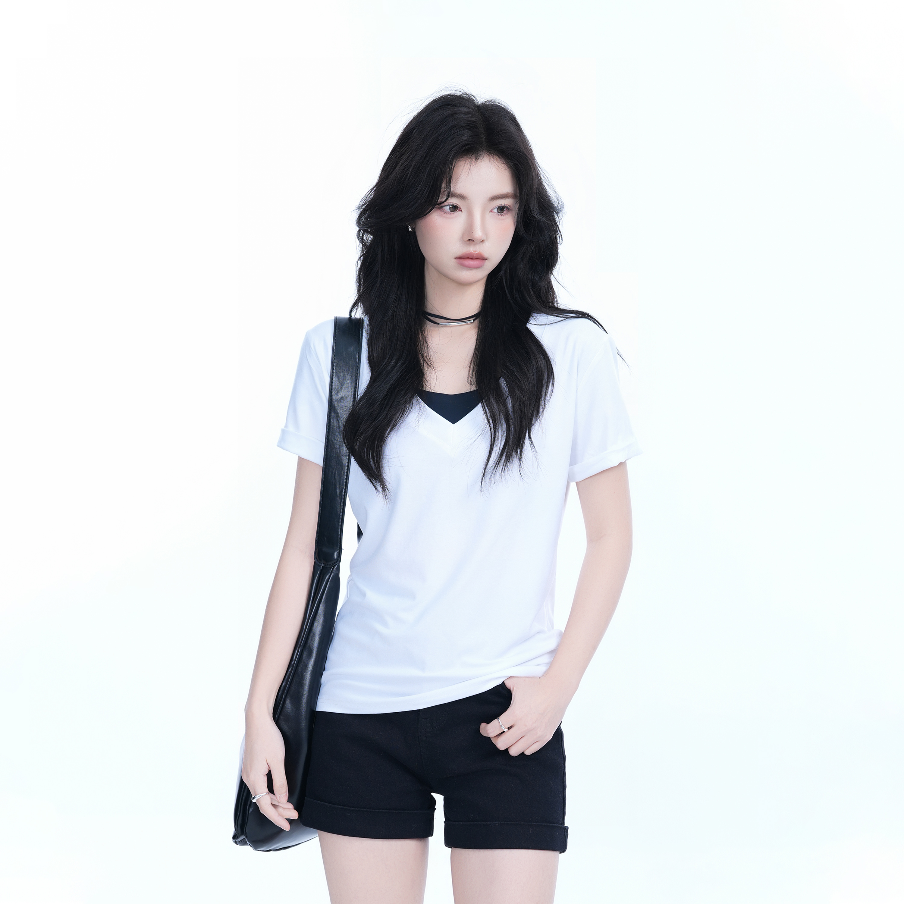 V-Neck Short Sleeve T-Shirt for Women - Solid Color Gray Minimalist Casual Top, Trendy Lazy Style Fashion Essential
