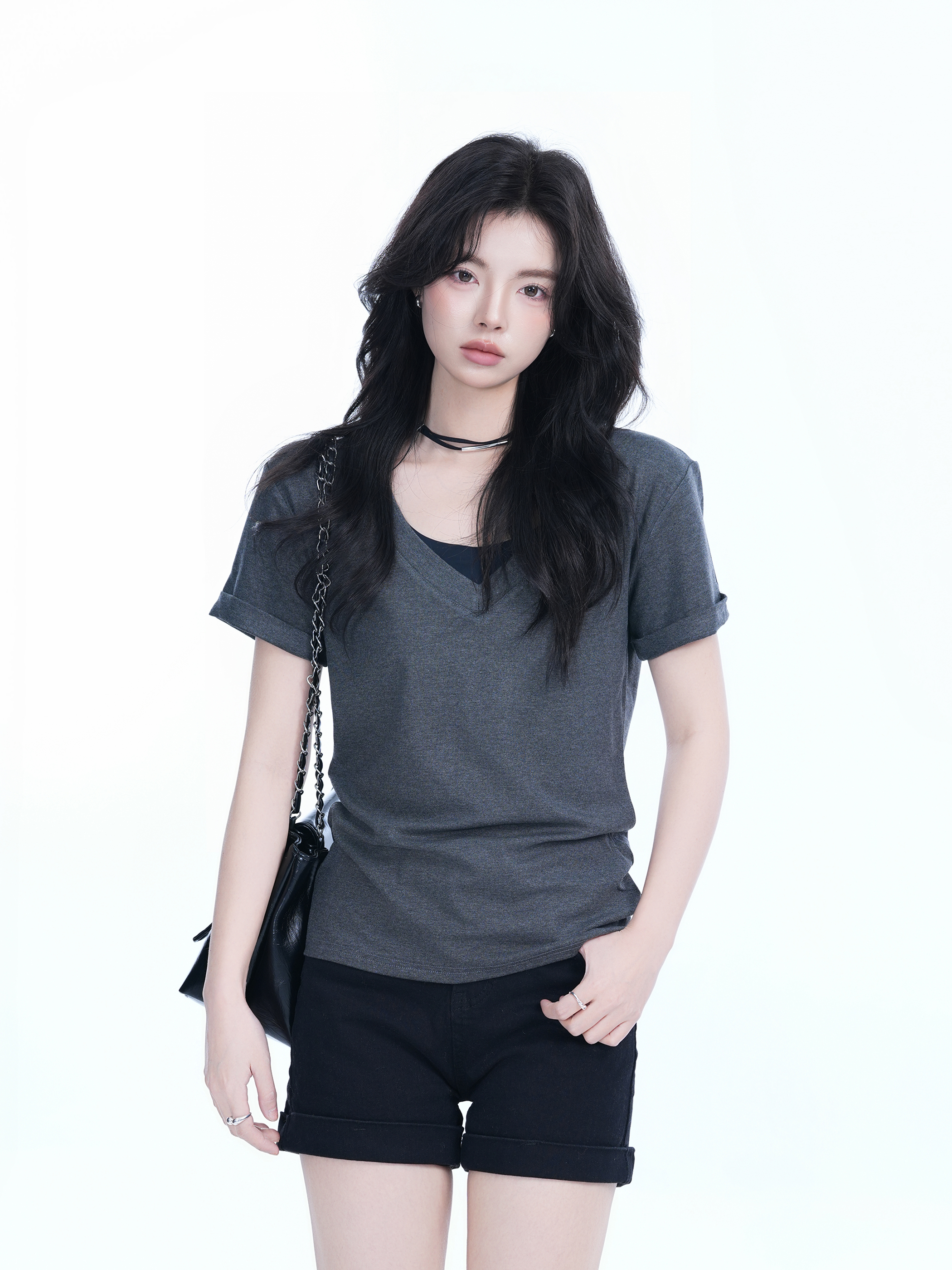 V-Neck Short Sleeve T-Shirt for Women - Solid Color Gray Minimalist Casual Top, Trendy Lazy Style Fashion Essential