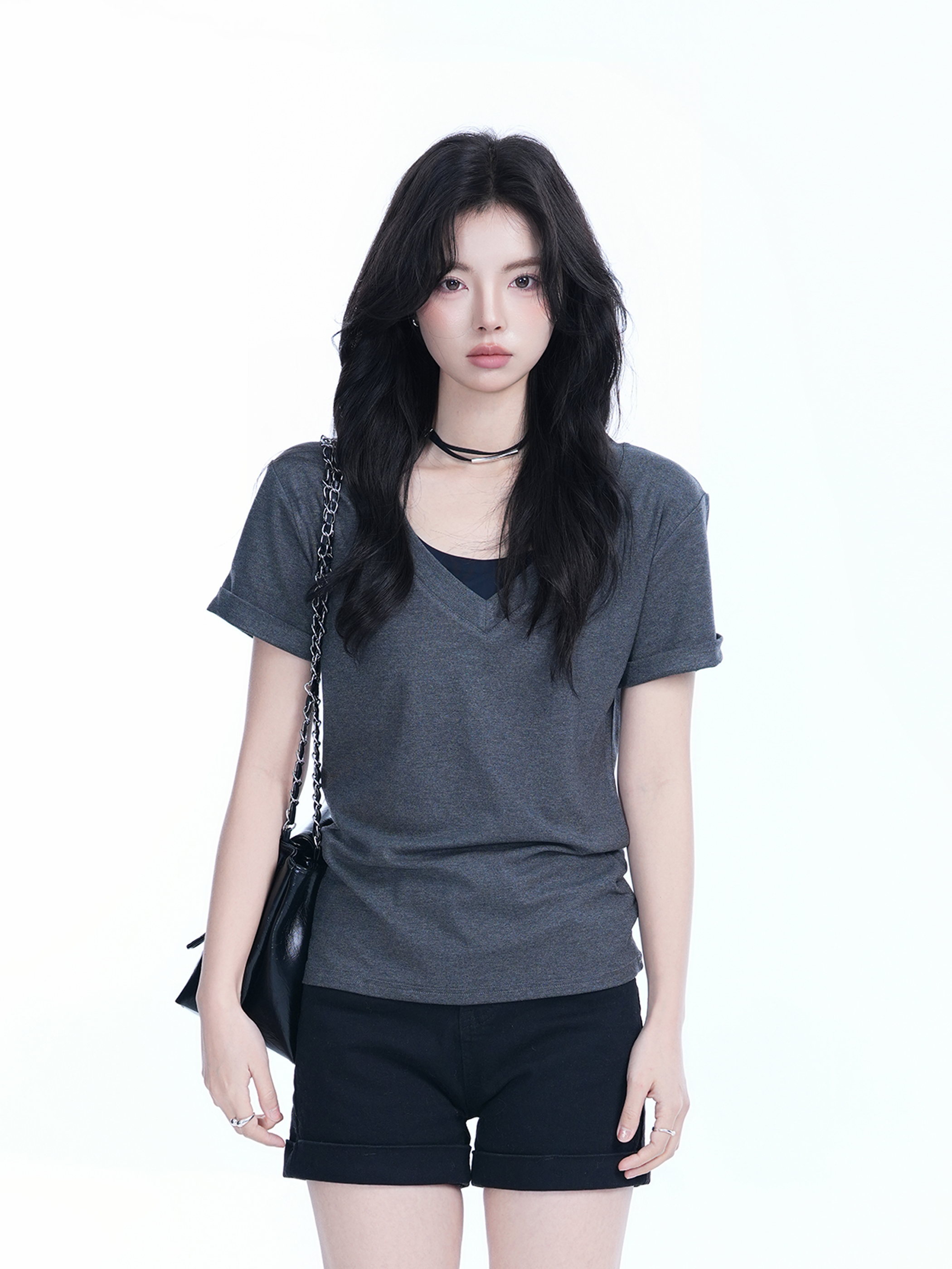V-Neck Short Sleeve T-Shirt for Women - Solid Color Gray Minimalist Casual Top, Trendy Lazy Style Fashion Essential