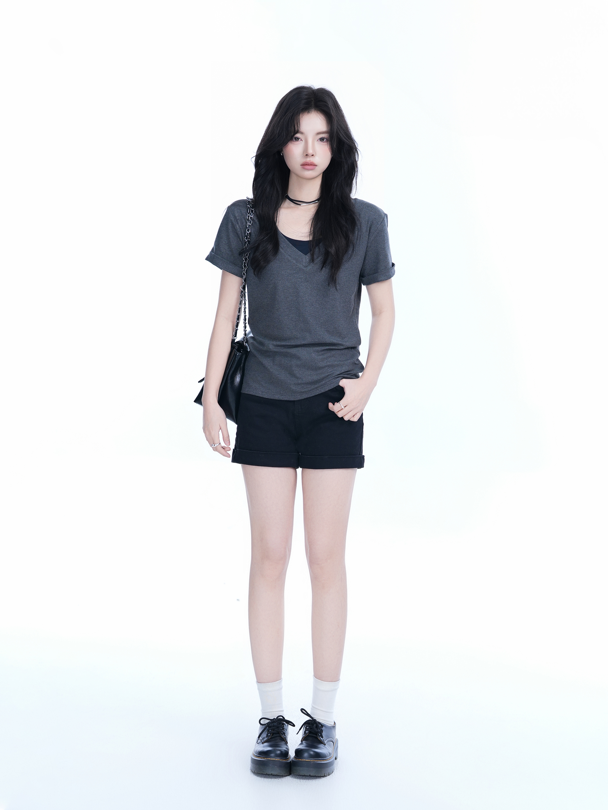 V-Neck Short Sleeve T-Shirt for Women - Solid Color Gray Minimalist Casual Top, Trendy Lazy Style Fashion Essential