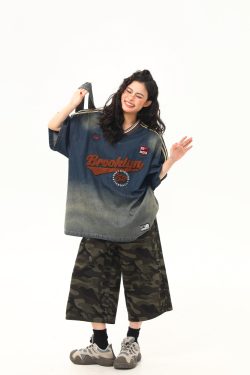 V-Neck Washed Denim Short Sleeve T-Shirt - Vintage American College Style, 2025 Summer Fashion Essential