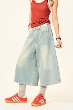 Vintage American Letter Embroidery Washed Denim Shorts for Women - Casual Loose Straight Cropped Pants, 90s Style