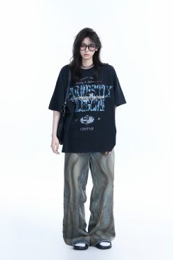Vintage American-Style Distressed Loose Fit Short-Sleeve T-Shirt for Women with Mottled Print - Y2K Fashion Essential