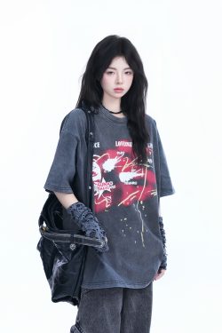 Vintage American-Style Oversized Short-Sleeve T-Shirt for Women - "Sit and Eat Until the Mountains Are Empty" - Trendy Loose Fit