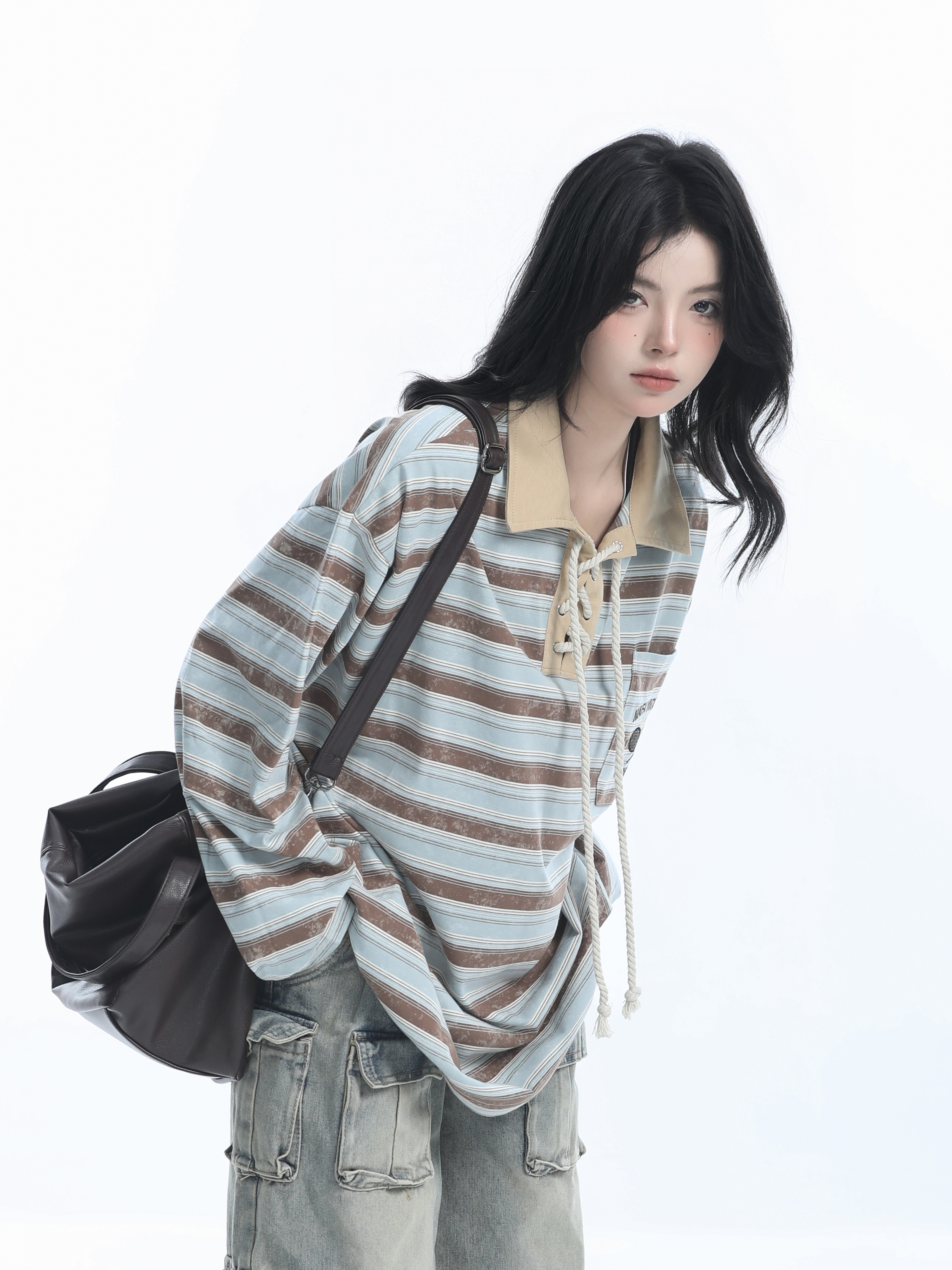 Vintage American Style Striped Oversized Long Sleeve Polo Shirt for Women - Casual Y2K Fashion Essential