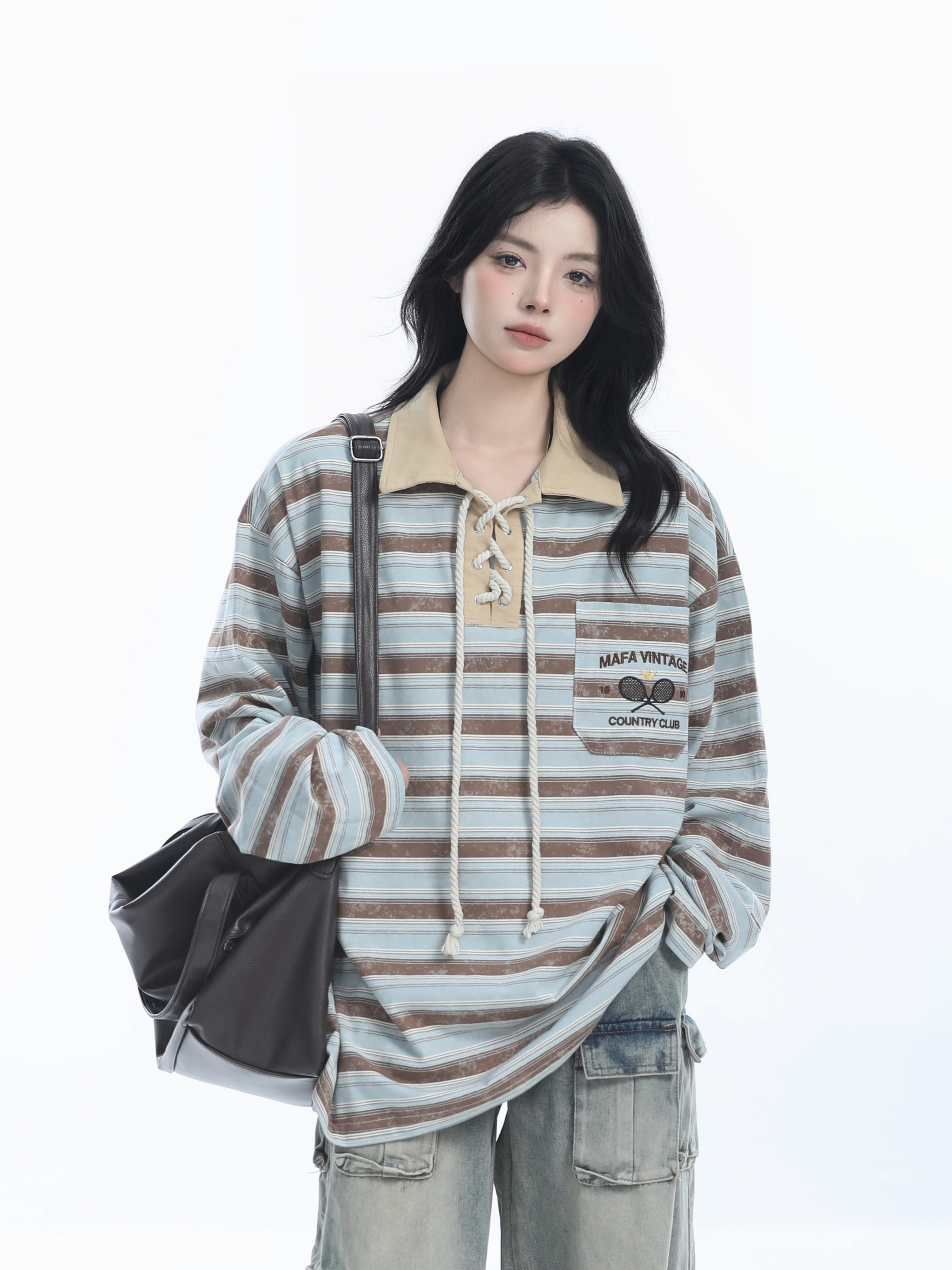 Vintage American Style Striped Oversized Long Sleeve Polo Shirt for Women - Casual Y2K Fashion Essential