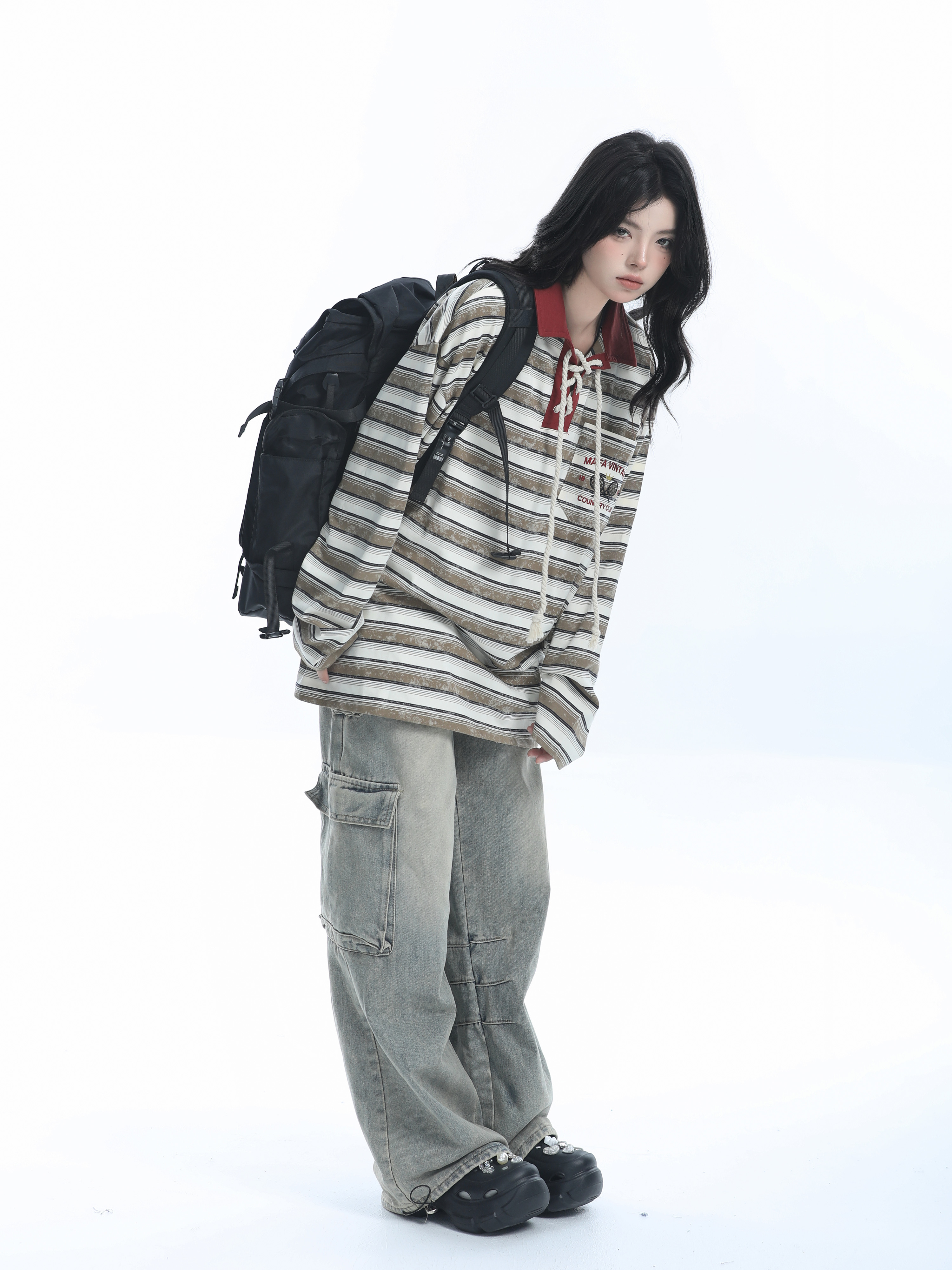 Vintage American Style Striped Oversized Long Sleeve Polo Shirt for Women - Casual Y2K Fashion Essential